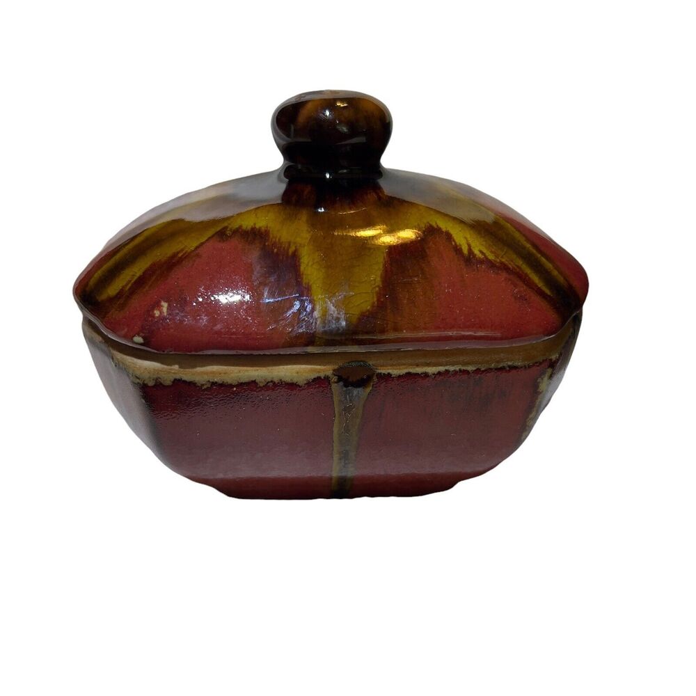 Drip Glazed Pottery Bowl Large 9.5x4 Brown Trinket Jewelry Holder Ribbed‎ & Lid